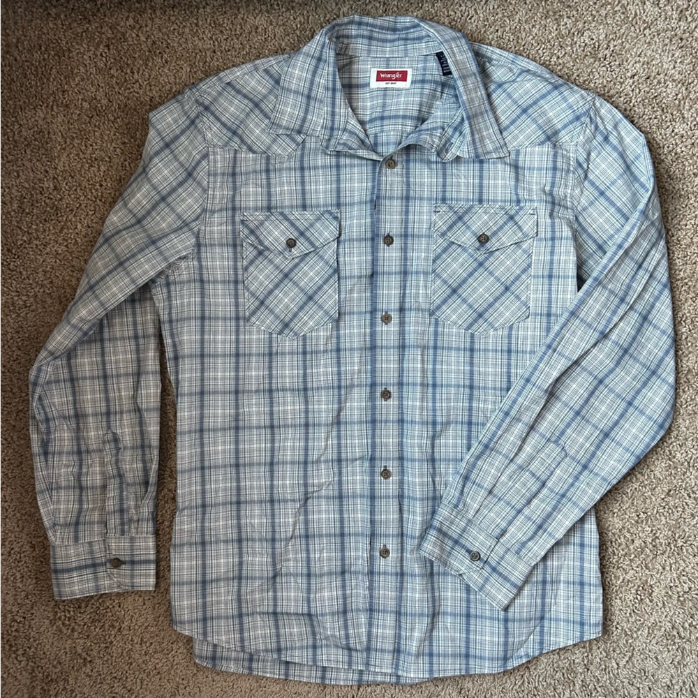 M Blue & White Wrangler Plaid Long Sleeve Shirt Size L |A55